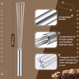 Baderke 1 Pack Espresso Whisk Tool 10.6" Long Handle Mini Whisk for Coffee Stirring Stainless Steel Silver Triangular Design Fit Coffee Chocolate Milk, Mixing Tool for Commercial Home Use