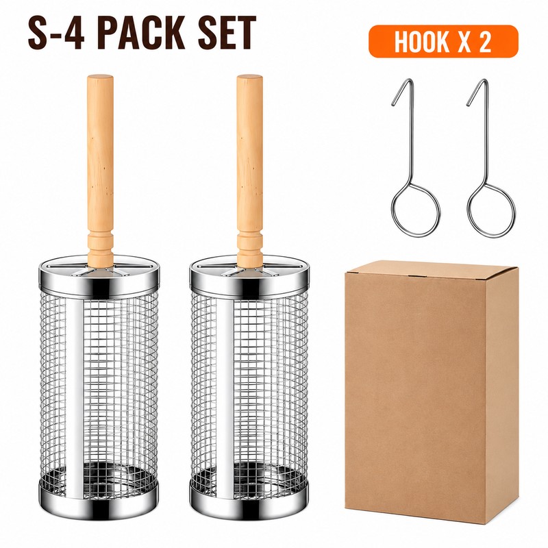 4-Pack Stainless Steel Rolling Grill Baskets for BBQ – Wooden