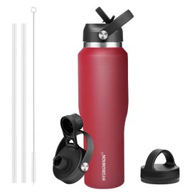 HYDROWION 40 oz Insulated Water Bottle with Straw fit in Car Cup Holder(Cold 48 hrs, Hot 24 hrs) Drinking Bottle with Straw Lid, Spout Lid and Flex Cap Leakproof Travel Thermo Mug，Red