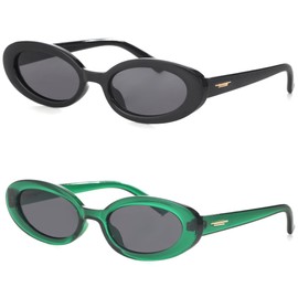 Teumire Retro Oval Sunglasses for Women Men Tiny Narrow 90s Style Small Sun Glasses 2 Pack(Black+Green)