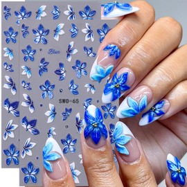 Floral Nail Stickers for Women-Waterproof Press on Nail Art Decals with Blue Lily Flower Relief Designs,Spring and Summer Nail Decals 5D Embossed White Blue Nail Art Stickers 2PCS Beach Vacation Nails