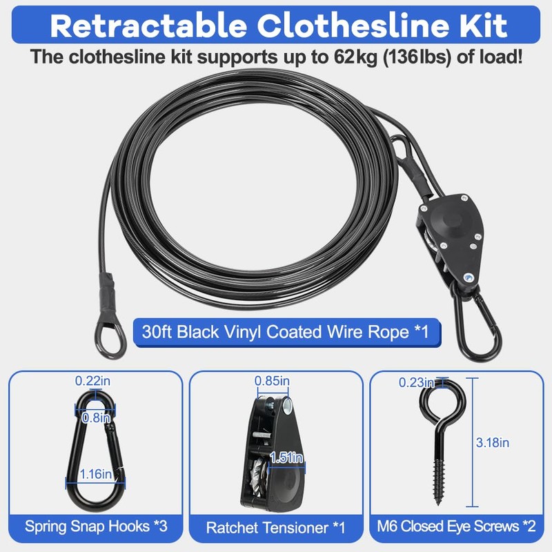 TooTaci 30ft Outdoor Clothesline Kit, 3/16" Black PVC Coated Wire
