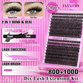 DIY Lash Extension Kit Volume Thick Lash Clusters 80D+100D 320 pcs Individual Lashes D Eyelash Extension Kit Lash Bond and Seal and Tweezers for Lash Clusters Kit DIY at Home
