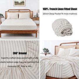 S VICTORY SYMBOL 100% Organic Linen Sheets Set,Yarn Dyed Classic Beige Striped Sheets,GOTS Certified French Natural Flax Bedding Set Queen Size,4pcs Farmhouse Bed Sheets,Moisture-Wicking