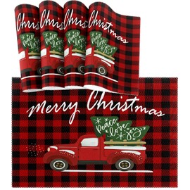 visesunny Merry Christmas Red Buffalo Plaid Truck Placemat Set of 6 Table Mat Desktop Decoration Placemats Non Slip Stain Heat Resistant 12x18 in for Dining Home Kitchen Party Indoor Outdoor