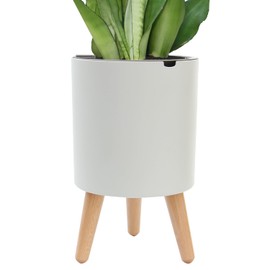 Oliz 7.8 Inch Planter Pot with Solid Wood Legs, Self Watering Planter Pots with Water Shortage Alarm Planter Pot for Indoor Outdoor Decorative Succulents Herb (A-White)