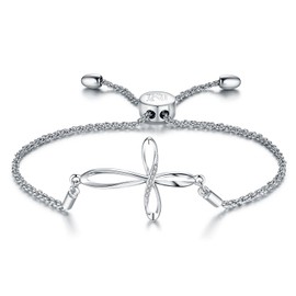 NINAMAID Cross Bracelet for Women Infinity Charm Expandable Bolo Bracelet with Cubic Zirconia Adjustable White Gold Jewelry for Women