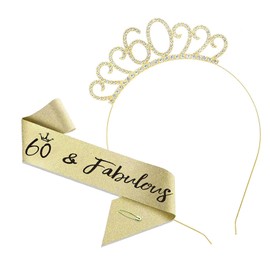 60th Birthday Sash and Crystal Tiara Set for Women, Gold Glam 60th Birthday Decorations, Queen of the Day Accessories, Photo Props, Milestone Celebration Gift