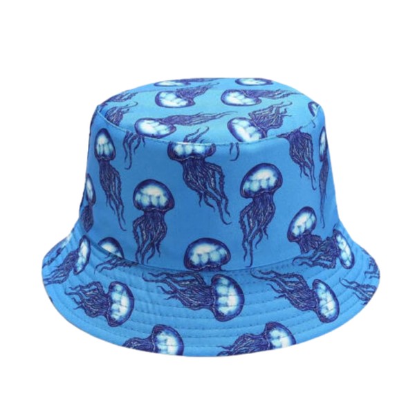 Beach Combers Shop Ocean Creatures Sea Life Beach Fishing - Sombrero reversible para pesca en la playa, estampado en todo el mundo, multicolor, Azul (Blue Jellyfish), Small-Large