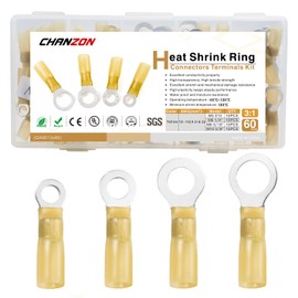 Chanzon UL Listed Heat Shrink Ring #10 M6 M8 M10 12-10AWG Terminal Kit Waterproof Gauge Eyelet Wire Connectors Marine Grade Adhesive Lined Yellow Electrical Crimp Connector Assorted Boat Truck(60pcs)