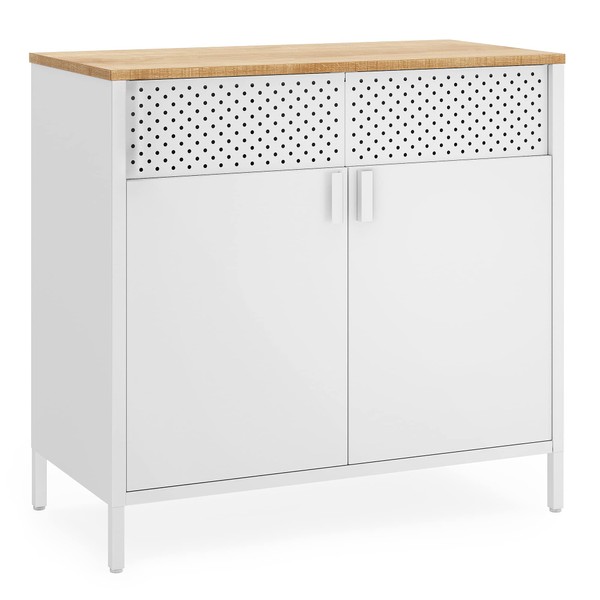 SONGMICS Storage Sideboard, Buffet Table with Adjustable Shelves, Floor Storage Cupboard, Steel Frame, Natural and White ULSC102W57