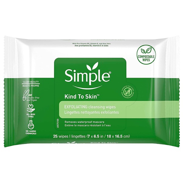 Simple Exfoliating Wipes Sensitive Skin, Kind to Skin - 25 Wipes x 3 Pack