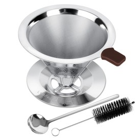 Pour Over Coffee Filter, LOOFORE Stainless Steel Coffee Filter, Paperless and Reusable, Upgraded Double Micro Mesh Filter with Spoon and Silicone Tray, Cleaning Brush (1-2 Cup)