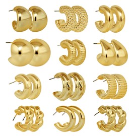 Chunky Gold Hoop Earrings for Women Trendy Chunky Chain Twisted Open Hoops Gold Plated Lightweight Hypoallergenic Stack Hoops Earring Set