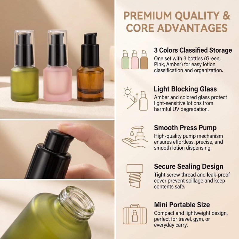 3Pcs 0.5oz/15ml Glass Lotion Pump Bottles Travel Size