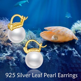 POPLYKE 10mm Pearl Chunky Hoop Earrings Gold Plated 925 Sterling Silver Leaf Earrings Pearl Earrings for Women Girls
