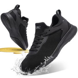 SPIEZ Non-Slip Work Shoes for Men, Waterproof & Oil-Resistant Slip-On Food Service Sneakers, Black, US 7.5-12