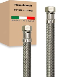 Flexible Hose Nut x Nut Stainless Steel Reinforced Hose Connection Hose Sanitary Tap Hose Domestic Waterworks Made in Italy (1/2 Inch x 1/2 Inch - 300 mm)