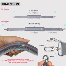 79 Inch Shoulder Strap, Immovable Cushion and Two Balance Buckles, Universal Replacement Strap with Metal Swivel Hook for Laptop Bags, Luggage Bags, Camera, Shoulder Bag (200 cm, Grey)