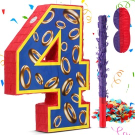 16 Inch Number 4 Blue and Golden Rings Pinata for Birthday Party Decorations, Blue Golden 4th Birthday Party Favor Supplies Fiesta Anniversary Celebration Birthday Pinata with Stick Blindfold Confetti