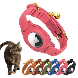 Jowlroel AirTag Cat Collar with Bell & Fabric Liner - Pet Collar Leather Cat Collar - Non Breakaway Leather Kitten Collar with AirTag Holder - GPS Cat Collars for Boy Cats, Girl Cats (Pink)