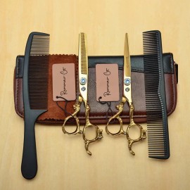 Remmar Co Set 2 Tijeras + Peines 6  Estilista Barbero Estuche Dorado