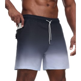 Danfiki Mens Swimming Shorts Swim Trunks 2 in 1 with Mesh Compression Liner Zipper Pockets Gradient Color Quick Dry