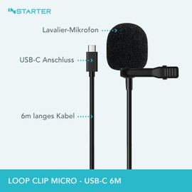 Instarter Lavalier-Ansteckmikrofon mit USB-C Anschluss (6m Kabel), Windschutz & Tasche I klarer Sound I für Kamera, Smartphone, Tablet, PC I 360 Grad Klangaufnahme I mit Metallklemme zur Befestigung