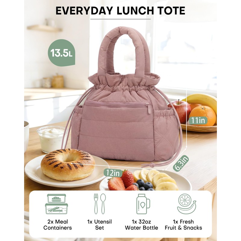 Drawstring Lunch Bag for Women, 13.5L Leakproof Puffy Insulated Lunch