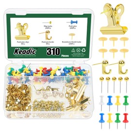 Keadic 310Pcs 5 Style Push Pin Assortment Set with Storage Box, Corkboard Thumb Tacks Decorative Bulletin Board Pushpins Picture Hanging Pin for Home Office School Wall (Gold)