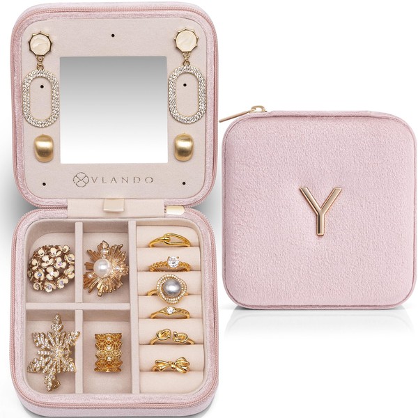 Vlando Flannel Jewelry Box, Square, Mini Jewelry Pouch, Travel, Portable, Compact, Mirror Included, Earrings, Necklaces, Rings, Accessories, Storage Ring, Cute Jewelry Storage Case (Pink Y)