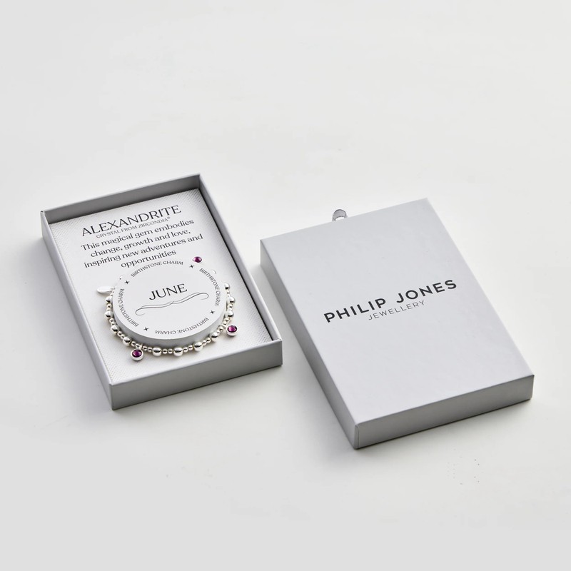 Philip Jones June (Alexandrite) Birthstone Stretch Charm Bracelet with Quote