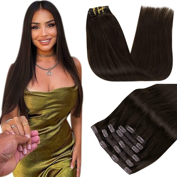 RUNATURE Clip Extensions, Real Hair, Remy Hair, Clip-in Darkest Brown, Straight Real Hair, Clip-in Straight Hair Extensions, Long, 120 g 45 cm, #2
