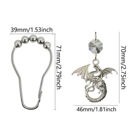 Decorative Dragon Shower Curtain Hooks for Bathroom Shower Rod, Rust Proof Stainless Steel Curtain Rings Set of 12 with Crystal Beads Fantasy Dragons Fairytale Decor Bathroom Bathtub (Silver)