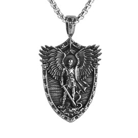 HZMAN St. Michael the Archangel Necklace for Men Stainless Steel Retro Angel Exorcism Protect Amulet Pendant Necklace Jewelry Gift, Stainless Steel, No Gemstone