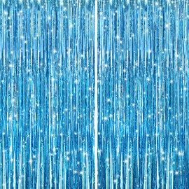 2 Pack Light Blue Metallic Tinsel Foil Fringe Curtains, Door Streamers Photo Booth Backdrop for Birthday Party, Tinsel Curtain Backdrop for Baby Shower Bachelorette Christmas Party Decorations