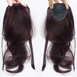 2PCS Short Wavy Ponytail Extension with Hair Tie 30cm Natural Synthetic Double Ponytail Hair Piece Invisible Clip in High Ponytail (Dark Brown)