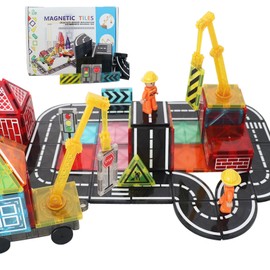 Magnetic Tiles City Construction Set with 2 Cranes, STEM Magnet Building Blocks Toys for Toddler Kids, Montessori Educational Sensory Toy, Gifts for Boys & Girls Ages 3-5 4-8 5-7