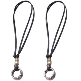 tunghey 2Pack Leather and Alloy O-Shape Double Ring Pendant Adjustable Necklace Men Women Unisex Choker Necklace (black)