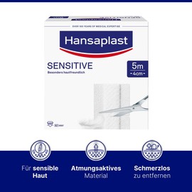 Hansaplast Sensitive Plasters (5 m x 4 cm), Cut to Size and Skin-Friendly Wound Plasters with Secure Adhesion, Painless to Remove Plasters