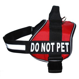 DO NOT PET Dog Vest Harness with Removable Patches and Reflective Trim. Comes with 2 DO NOT PET Reflective Removable Patches. Please Measure Dogs Girth Before Purchase
