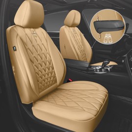 CAR PASS Piping Luxury Leather Seat Covers Full Set,5 Seats Leatherette Anti-Slip Waterproof Seat Covers Compatible with Front Armrests,Universal Fit for Suvs,Vans,Trucks,Airbag Compatible,Pure Beige