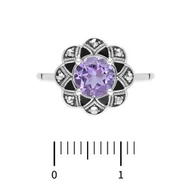 Esse Marcasite Sterling Silver Amethyst & Marcasite Flower Ring (O)