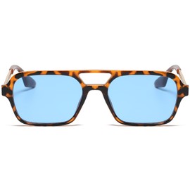 RUNHUIS Vintage Classic 70s Square Sunglasses for Men Women Trendy Retro Slim Rectangle Glasses (Leopard-Gold/Blue)