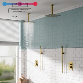 FORIOUS Shower Head System, 10 Inch Rain Shower Faucet Set with Handheld Spray Combo Rough-in Valve, Solid Brass Pressure Balanced Valve Trim Kit, Ceiling Mount, Brushed Gold