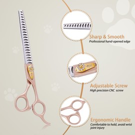 Stjuo Professional Dog Grooming Scissors Rose Gold 440C Stainless Steel Straight Thinning Curved Chunker Shears for Pet Grooming Services Dogs and Cats (Chunker, 7.5‘’)