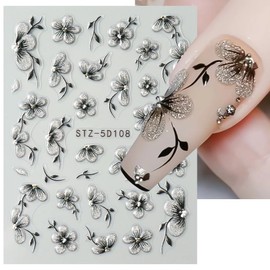 Flower Nail Stickers Black Stickers for Nails Floral Nail Decals Glitter Design Summer Autumn Nail Art Stickers 5D Embossed Adhesive Fall Flowers Gel Nail Stickers for Women Girls