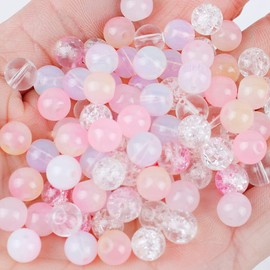 Niziky 100PCS Glass Beads for Jewelry Making, Mix 8MM Pink Crackle Lampwork Glass Beads Aurora Crystal Beads Matte Gemstones Spacer Beads Kits for Crafts, Crystal Loose Beads for Bracelet Making