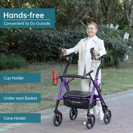 ELENKER Heavy Duty Upright Walker with Extra Wide Padded Seat and Backrest, Aluminum Bariatric Stand Up Rolling Walker, 10” Wheels, Fully Adjustment Frame, Support up to 500 lbs for Seniors, Purple