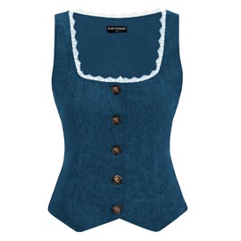 Women Renaissance Vest Corduroy Button Down Waistcoat Vest Medieval Pirate Corset Bustier Tops Blue M
